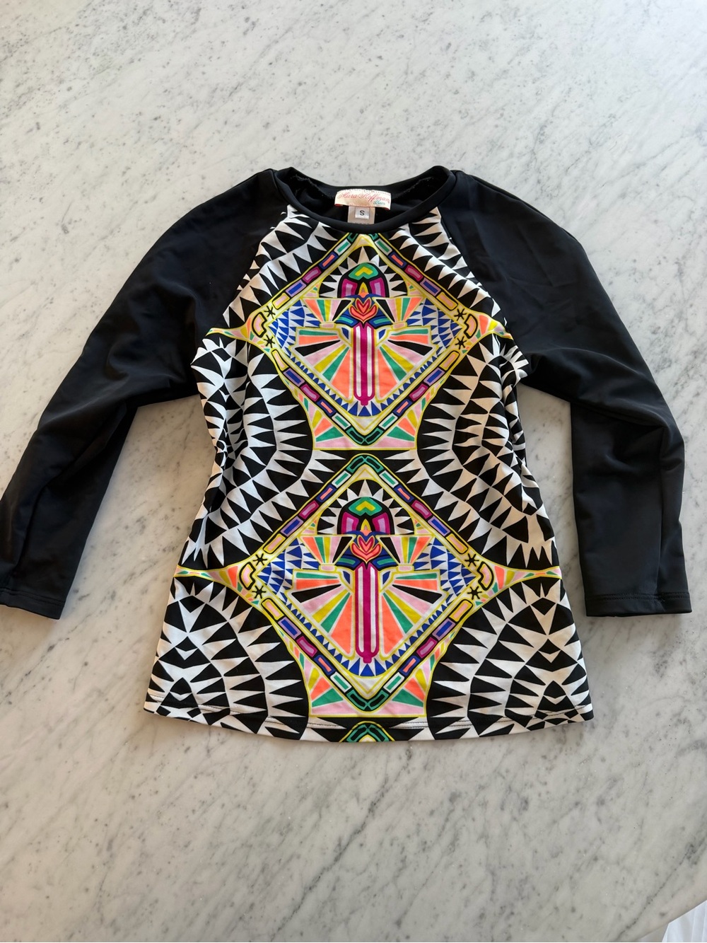 Mara Hoffman Black Geometric Rash Guard with Neon Multicolor Print